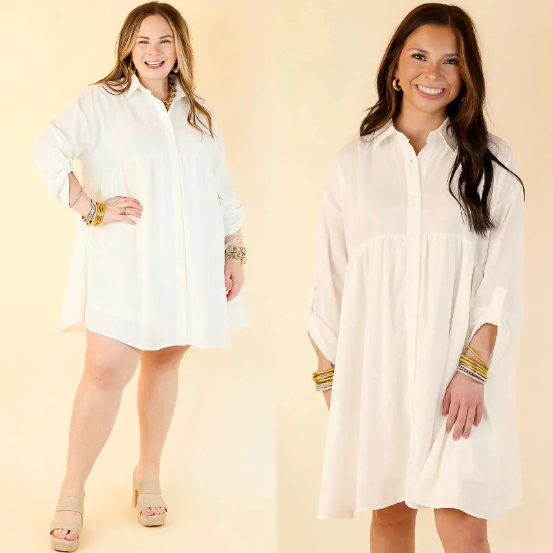 Mini dresses with belted waists for a defined silhouette Risky Business Button Up Babydoll Dress in White Mini dresses with belted waists for a defined silhouette Risky Business Button Up Babydoll Dress in White