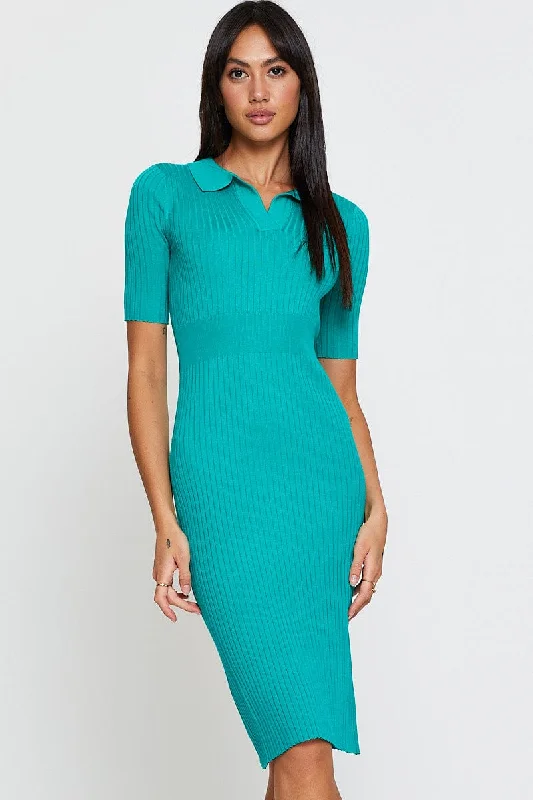 Midi dresses with polka dot prints for a playful summer outfit Green Dress Short Sleeve Midi Collared Knit Midi dresses with polka dot prints for a playful summer outfit Green Dress Short Sleeve Midi Collared Knit