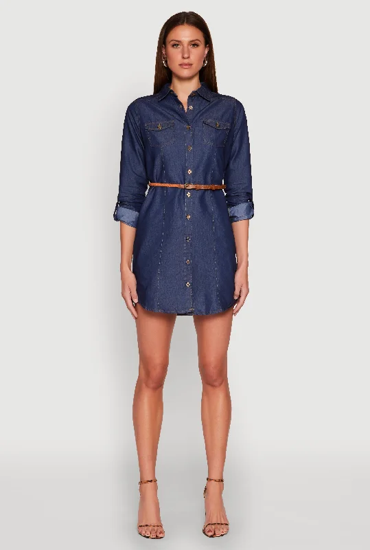 Printed mini dresses for a casual day out Chambray Tabbed Sleeve Belted Dress