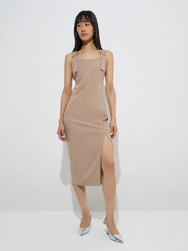 Mini dresses with bow accents for a sweet look Nuon Beige Solid Shift Dress