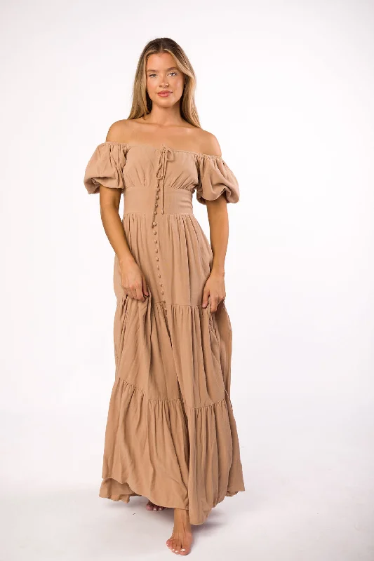 Midi dresses with ruched bodices for a feminine and fitted feel Genevieve Tiered Maxi Dress in Latte