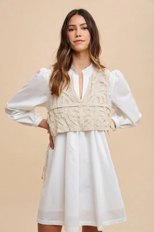 Mini dresses with patchwork designs for a unique style Annie Wear Crochet Vest Notched Long Sleeve Shirt Dress Mini dresses with patchwork designs for a unique style Annie Wear Crochet Vest Notched Long Sleeve Shirt Dress