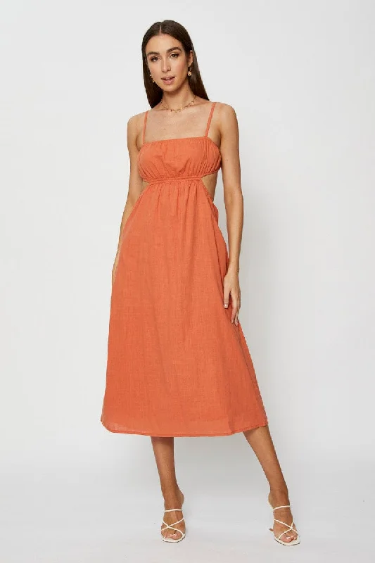 Midi dresses with denim fabric for a casual yet stylish day out Brown Midi Dress Sleeveless