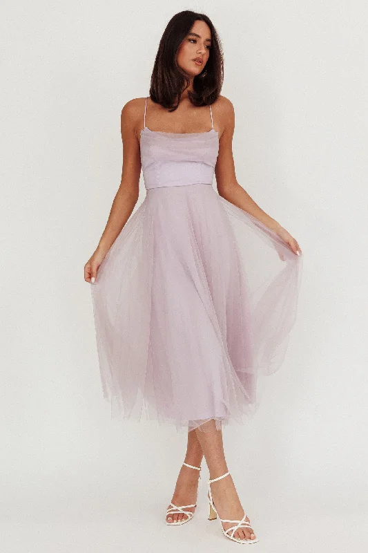 Midi dresses with button - front designs for a classic touch Floating By Pleated Neckline Mesh Midi Dress Lilac Midi dresses with button - front designs for a classic touch Floating By Pleated Neckline Mesh Midi Dress Lilac
