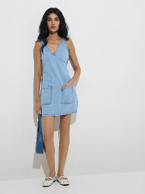 Mini dresses with polka dot patterns Nuon Light Blue Denim Straight Dress