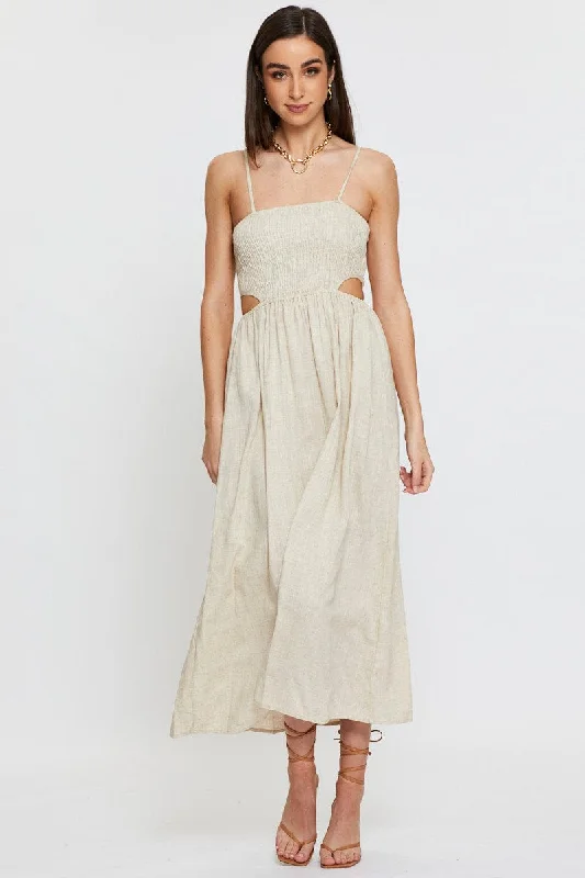 Midi dresses with button - down skirts for a unique and functional design Beige Midi Dress Sleeveless