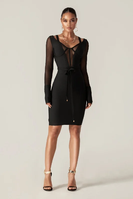 Midi dresses with ruched bodices for a feminine and fitted feel Roxane Mesh Bandage Belted Dress (Black)