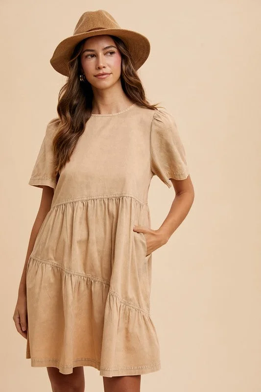 Ruffled mini dresses for a romantic touch Annie Wear Mineral Washed Round Neck Short Sleeve Denim Dress Ruffled mini dresses for a romantic touch Annie Wear Mineral Washed Round Neck Short Sleeve Denim Dress