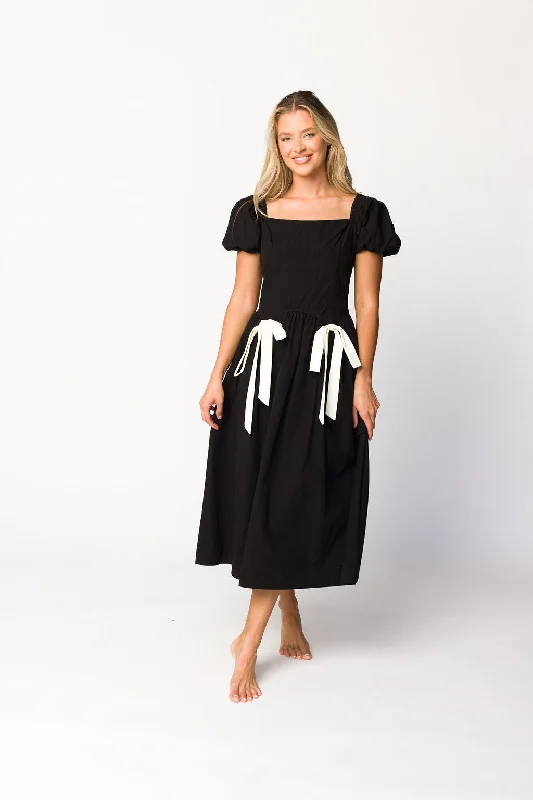 Midi dresses with off - the - shoulder necklines for a flirty look Ruby Midi Dress with Bow Detail in Black