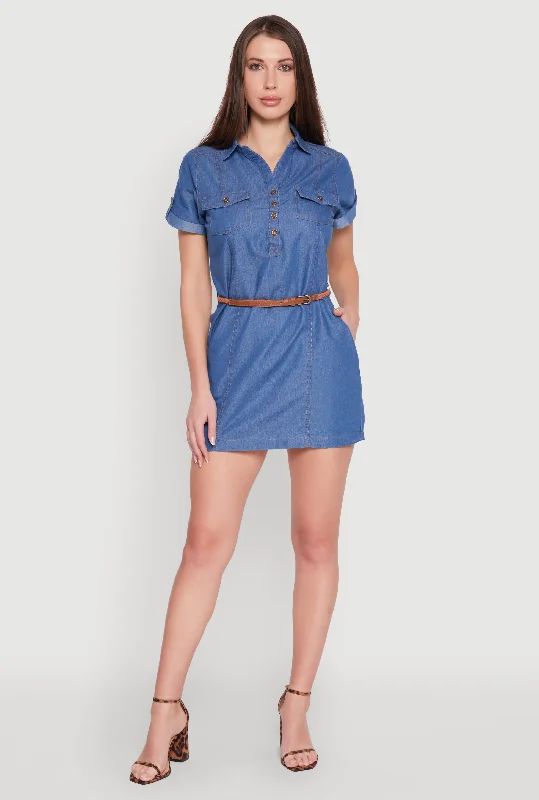 Mini dresses with bow accents for a sweet look Chambray Belted Half Button Mini Dress Mini dresses with bow accents for a sweet look Chambray Belted Half Button Mini Dress
