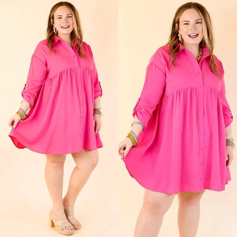 Mini dresses with asymmetric hems for a fashion - forward look Risky Business Button Up Babydoll Dress in Pink Mini dresses with asymmetric hems for a fashion - forward look Risky Business Button Up Babydoll Dress in Pink