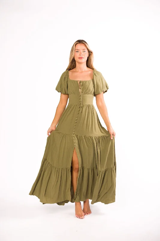 Midi dresses with ruffled sleeves for a more feminine and voluminous look Genevieve Tiered Maxi Dress in Olive