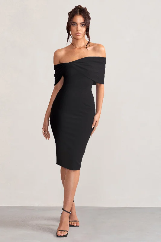 Midi dresses with empire waists for a flattering maternity option Alyssa | Black Bardot Bow Detail Midi Dress Midi dresses with empire waists for a flattering maternity option Alyssa | Black Bardot Bow Detail Midi Dress