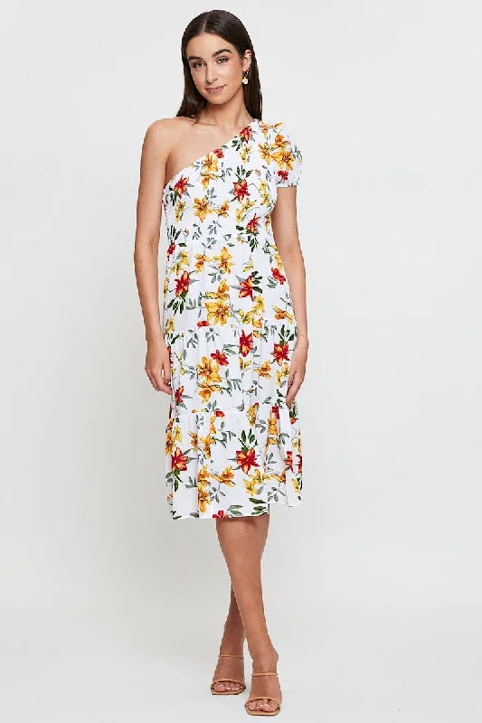 Sleeveless midi dresses with lace details for summer weddings Black Print Midi Dress One Shoulder Short Sleeve