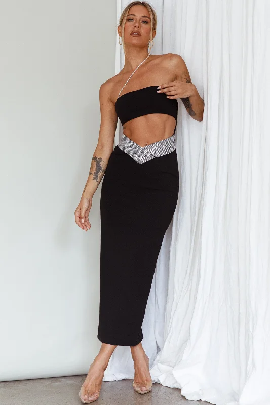 Midi dresses with pom - pom trims for a playful and festive look Megyn Diamante Midi Dress Black