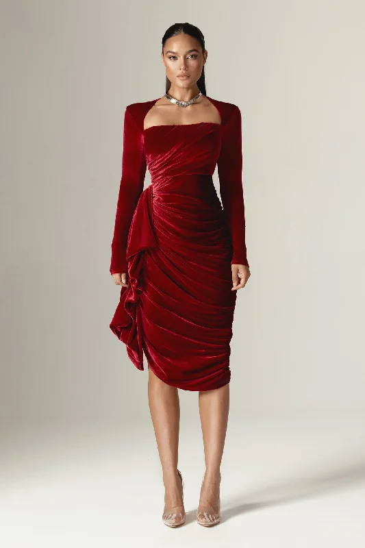 Midi dresses with sheer panels for a touch of allure Narin Draped Midi Dress (Maroon)