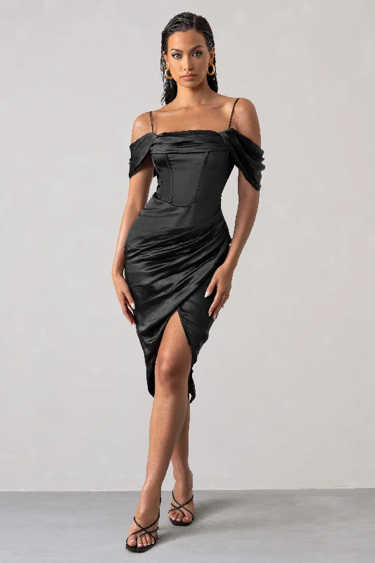 Midi dresses with puff sleeves for a vintage - inspired look Deserving | Black Satin Bardot Sleeve Corset Wrap Midi Dress Midi dresses with puff sleeves for a vintage - inspired look Deserving | Black Satin Bardot Sleeve Corset Wrap Midi Dress