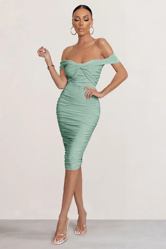 Wrap - style midi dresses in silk for a sophisticated office look Gratitude | Sage Off The Shoulder Ruched Midi Dress