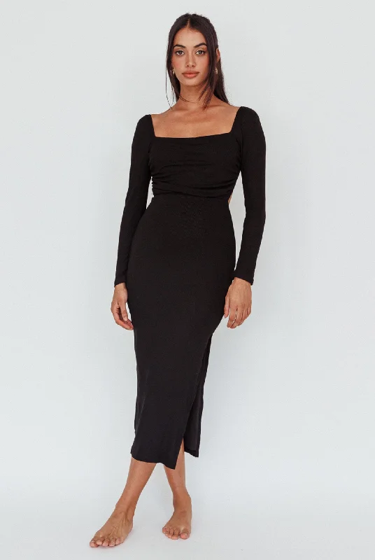 Midi dresses with asymmetric hems for a fashion - forward and dynamic appearance Dream Crush Long Sleeve Lace-Up Midi Dress Black