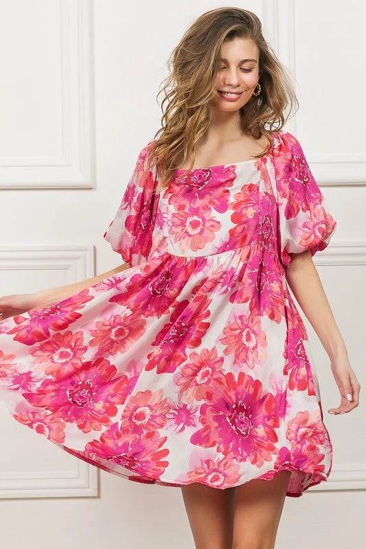 Mini dresses with cold - shoulder designs Floral Square Neck Puff Sleeve Mini Dress