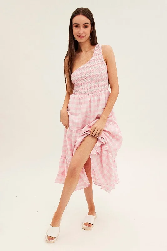 Midi dresses with sheer panels for a touch of allure Pink Check Midi Dress One Shoulder Shirred Body Midi dresses with sheer panels for a touch of allure Pink Check Midi Dress One Shoulder Shirred Body