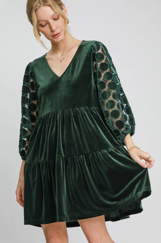 Mini dresses with cold - shoulder designs Umgee Dotted Lace Sleeve Tiered Velvet Mini Dress