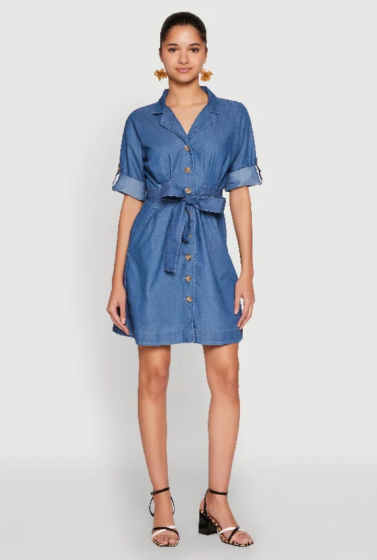 Mini dresses with side slits for a sexy appeal Chambray Tie Waist Belted Shirt Dress Mini dresses with side slits for a sexy appeal Chambray Tie Waist Belted Shirt Dress