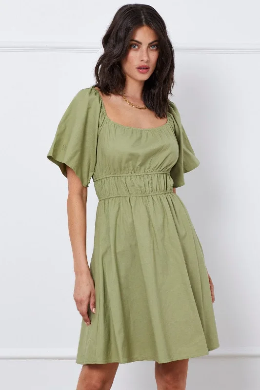 Midi dresses with embroidered accents for a unique and detailed design Green Mini Dress Short Sleeve Square Neck