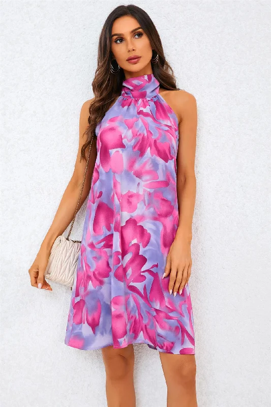 Plaid mini dresses for fall fashion Abstract Floral Print Halter Neck Tie Back Mini Dress In Pink Plaid mini dresses for fall fashion Abstract Floral Print Halter Neck Tie Back Mini Dress In Pink
