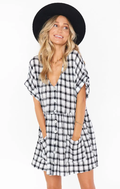 Linen mini dresses for a breathable summer option Odessa Dress ~ Check Me Black