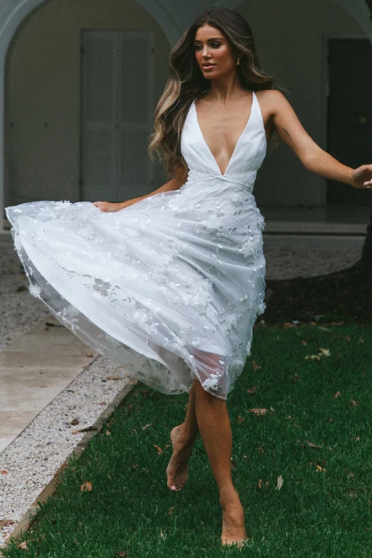 Midi dresses with ruched sleeves for a more fitted and stylish arm look Sheri V-Neckline Embellished Midi Dress White