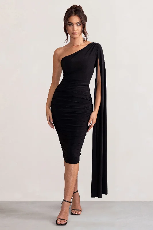 Midi dresses with one - shoulder designs for a modern and asymmetric style Yara | Black One Shoulder Cape Ruched Midi Dress Midi dresses with one - shoulder designs for a modern and asymmetric style Yara | Black One Shoulder Cape Ruched Midi Dress