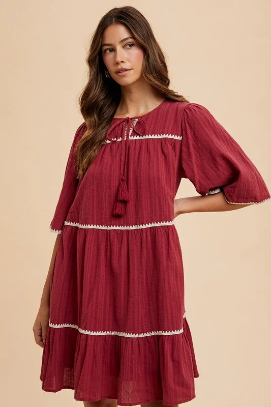 Velvet mini dresses for autumn weddings Annie Wear Tassel Contrast Trim Tie Neck Half Sleeve Tiered Dress Velvet mini dresses for autumn weddings Annie Wear Tassel Contrast Trim Tie Neck Half Sleeve Tiered Dress
