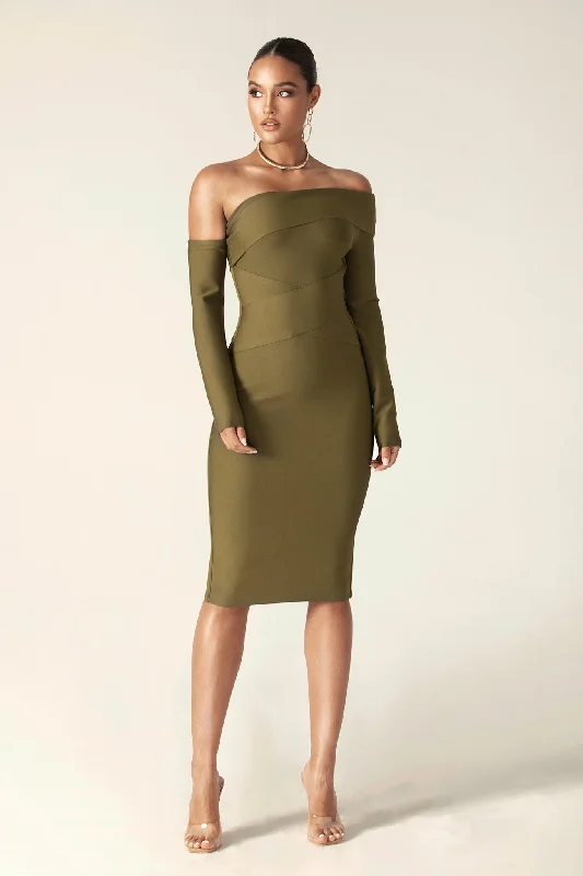 Midi dresses with satin - finish fabrics for a luxurious feel Shiva Bandage Dress (Olive Green) Midi dresses with satin - finish fabrics for a luxurious feel Shiva Bandage Dress (Olive Green)