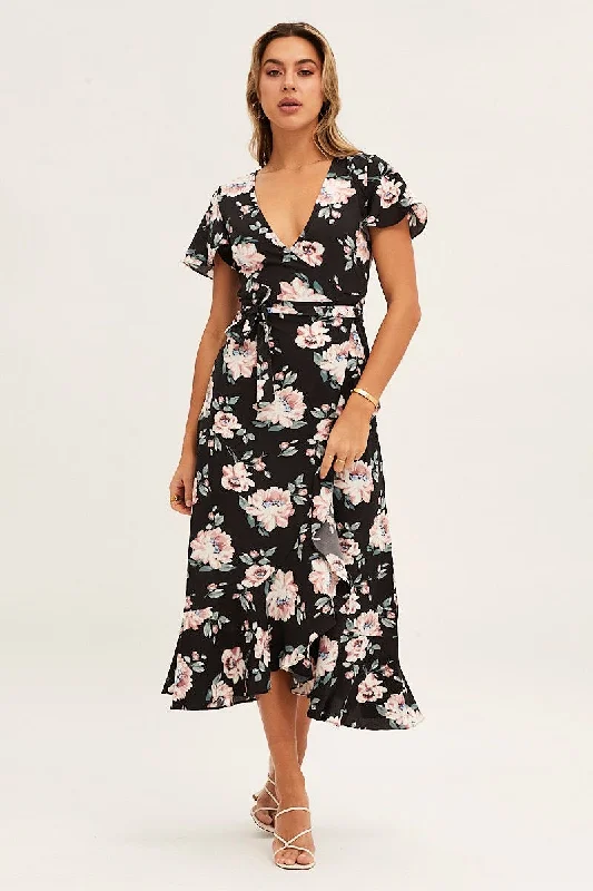 Midi dresses with ruched bodices for a feminine and fitted feel Print Wrap Midi Dress