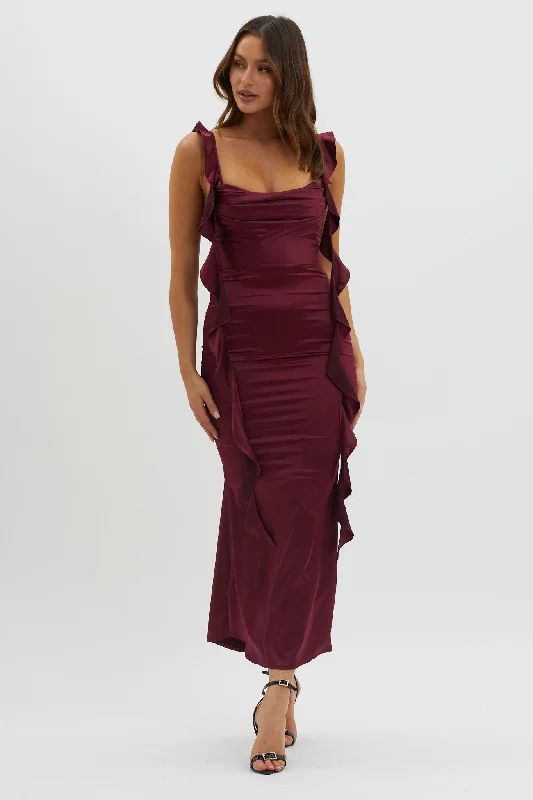 Midi dresses with ruffled hems for a romantic date night Blushing Ruffle Trim Midi Dress Wine