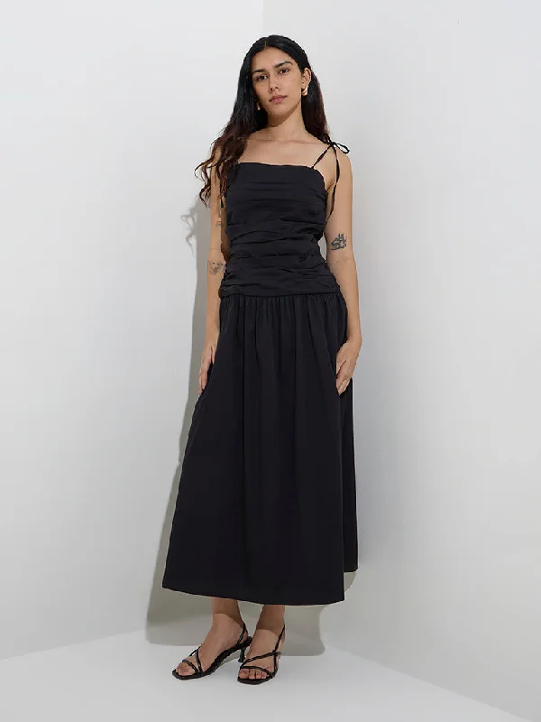 Mini dresses with cold - shoulder designs LOV Black Pleated Cotton-Blend Drop-Waist Dress