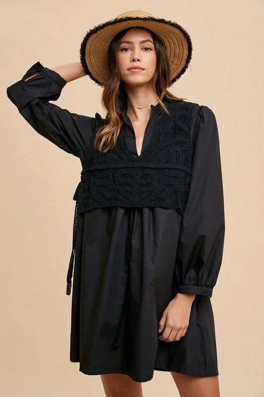 Mini dresses with ribbed textures for a unique appearance Annie Wear Crochet Vest Notched Long Sleeve Shirt Dress Mini dresses with ribbed textures for a unique appearance Annie Wear Crochet Vest Notched Long Sleeve Shirt Dress