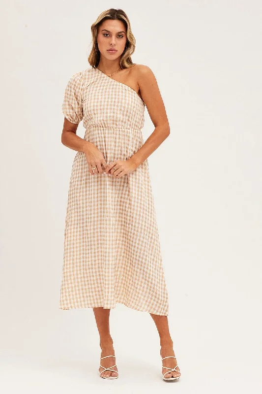 Midi dresses with empire waists for a flattering maternity option Stripe Check One Shoulder Midi Dress