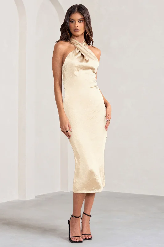 High - low midi dresses with geometric patterns for a modern party Dazzling | Champagne Satin Cross Over Halter Neck Midi Dress