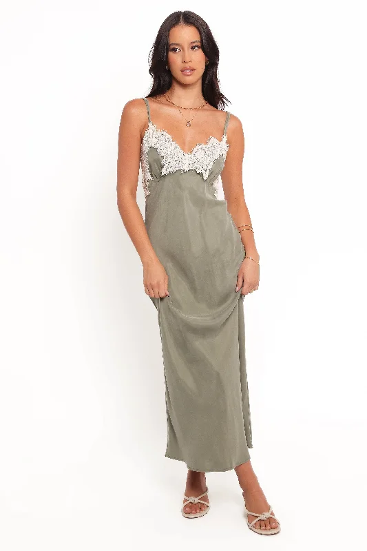 Maxi - inspired midi dresses with flowing fabrics for a beachy vibe Alita Midi Dress - Olive
