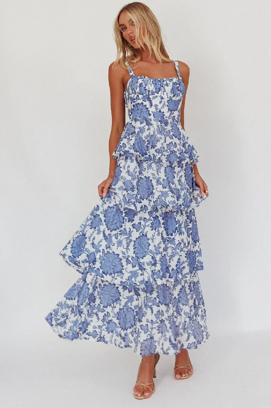 Midi dresses with asymmetric hems for a fashion - forward and dynamic appearance Provence Bloom Tiered Maxi Dress Floral Blue
