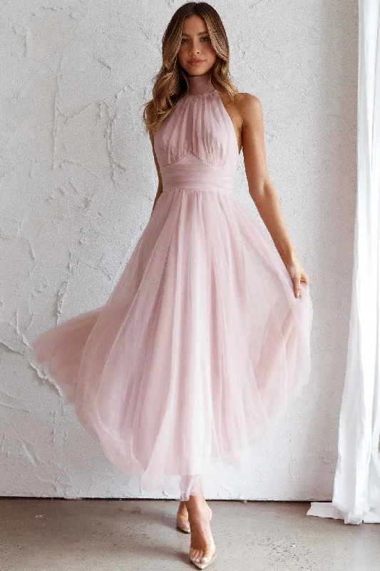 Midi dresses with pleated bodices for a classic and tailored look Andria Halterneck Tulle Midi Dress Blush