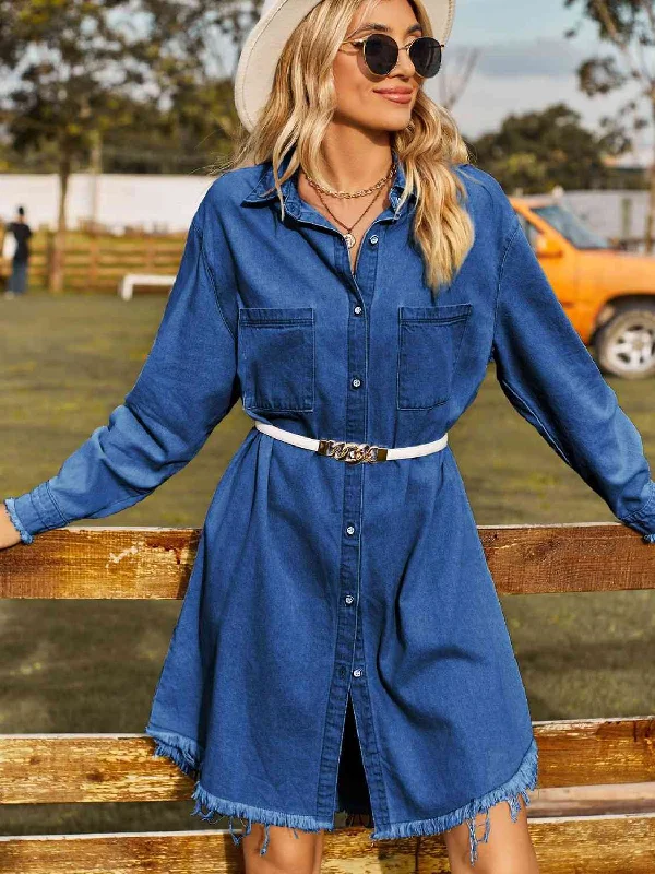Cotton mini dresses for a comfortable everyday option Button Up Collared Neck Raw Hem Denim Dress Cotton mini dresses for a comfortable everyday option Button Up Collared Neck Raw Hem Denim Dress