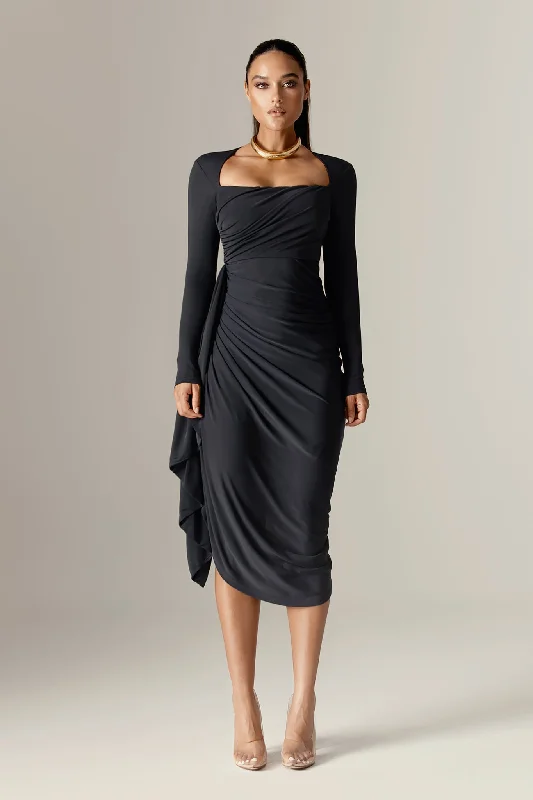 Midi dresses with sheer panels for a touch of allure Narin Draped Midi Dress (Navy Blue)