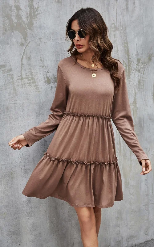 Mini dresses with cut - out details for a trendy look Tiered Long Sleeve Mini Dress In Beige Mini dresses with cut - out details for a trendy look Tiered Long Sleeve Mini Dress In Beige
