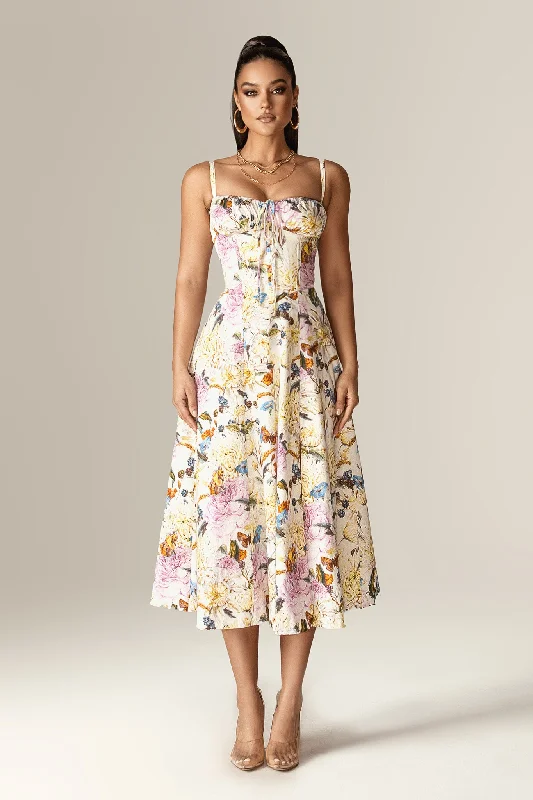 Midi dresses with ruffled sleeves for a more feminine and voluminous look Annette Cotton Bustier Midi Sundress (Daisy Print) Midi dresses with ruffled sleeves for a more feminine and voluminous look Annette Cotton Bustier Midi Sundress (Daisy Print)