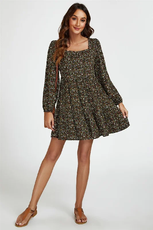 Mini dresses with pocket details for added functionality Little Floral Print Square Neck Mini Dress In Black Mini dresses with pocket details for added functionality Little Floral Print Square Neck Mini Dress In Black