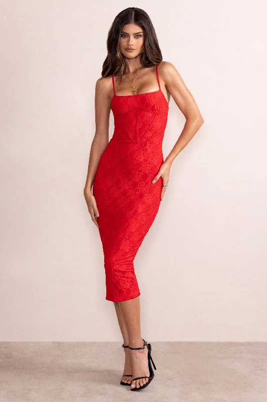 Midi dresses with keyhole backs for a flirty and unexpected detail Anele | Red Lace Overlay Corset Midi Dress Midi dresses with keyhole backs for a flirty and unexpected detail Anele | Red Lace Overlay Corset Midi Dress