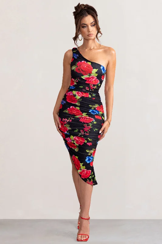 Midi dresses with metallic threads for a glamorous evening event Late Night | Black Floral Print Asymmetric One Shoulder Ruched Midi Dress Midi dresses with metallic threads for a glamorous evening event Late Night | Black Floral Print Asymmetric One Shoulder Ruched Midi Dress